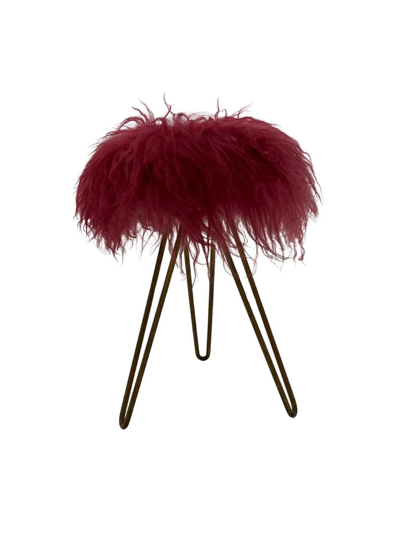 Stołek modernistyczny, wełna czerwona, metal, lata 50.