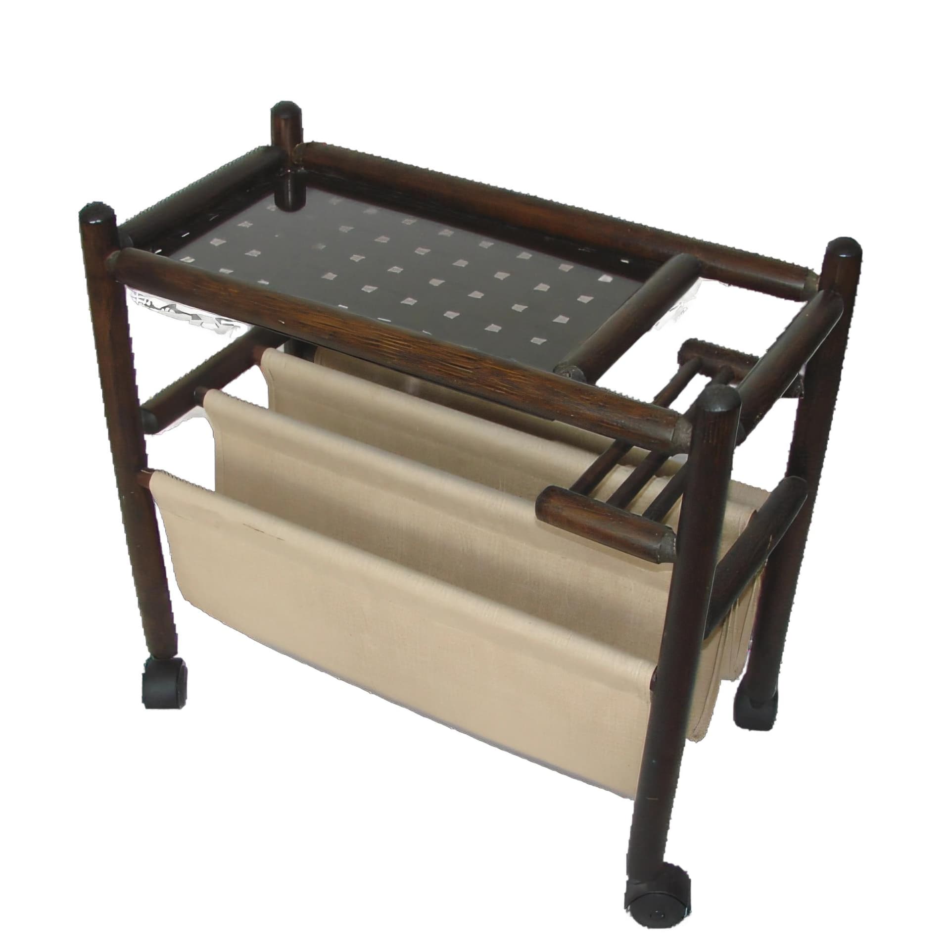 Stolik boczny z funkcją gazetnika, drewno brązowy ciemny, szkło, tkanina, Polska, lata 70.