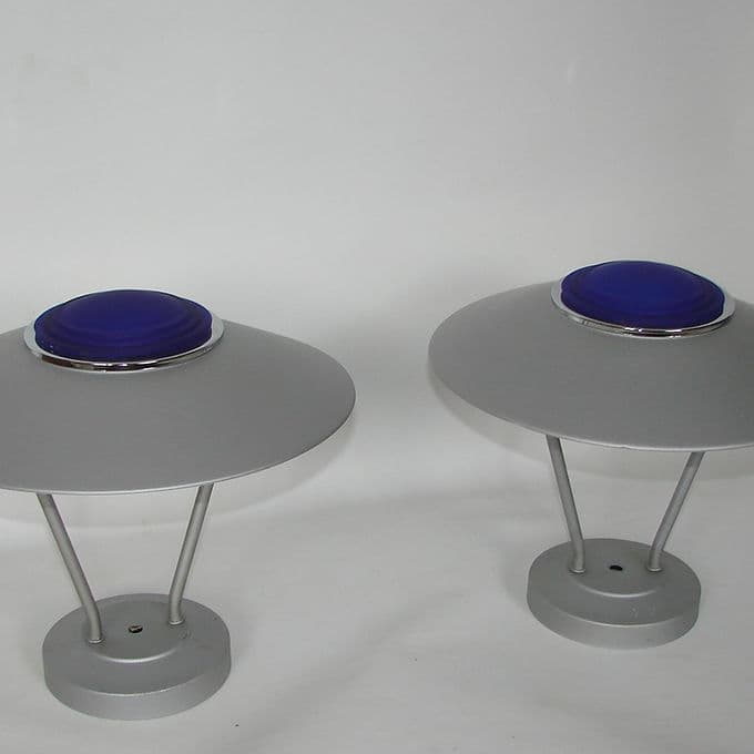 Para kinkietów Space Age, metal szary, szkło niebieskie, lata 80. - 46529