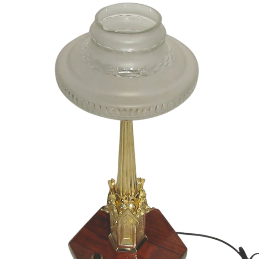 Lampa gabinetowa, mosiądz złoty, szkło mleczne, drewno, lata 20.