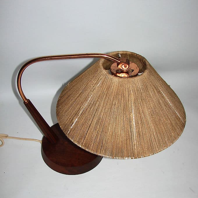 Lampa stołowa, beżowy sznurek, teak, mosiądz miedziowany, Szwajcaria, lata 60. - 46451