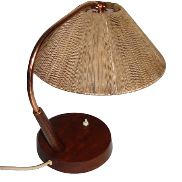 Lampa stołowa, beżowy sznurek, teak, mosiądz miedziowany, Szwajcaria, lata 60. - WYMIARY