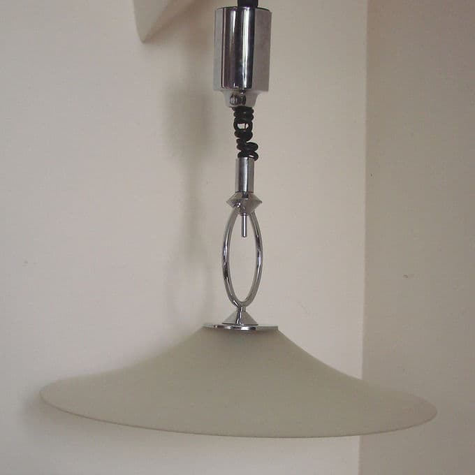 Lampa wisząca Helestra, metal chrom, szkło beżowe, Niemcy, lata 70. - 46366