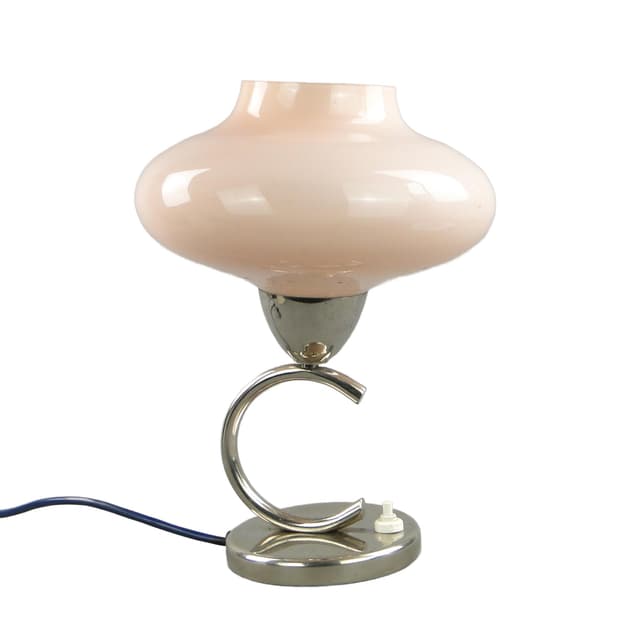 Lampa stołowa Art déco, klosz szkło różowy, podstawa metal, Polska, lata 30. - WYMIARY