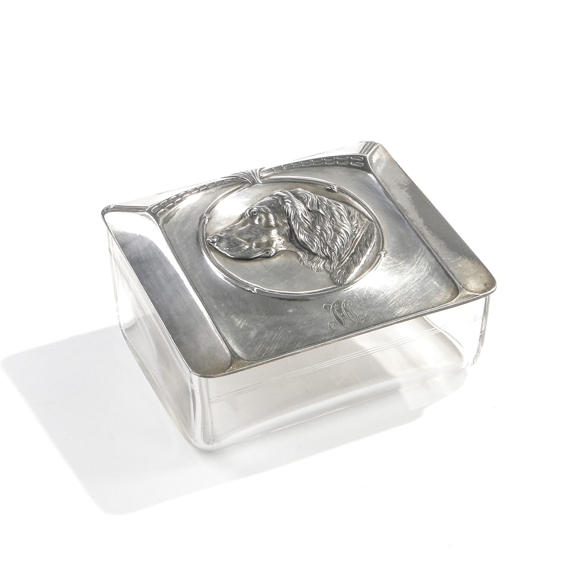 Kaseta gabinetowa Art Nouveau, kryształ transparentny, cyna platerowana, WMF, Niemcy, początek XX w. - 47403