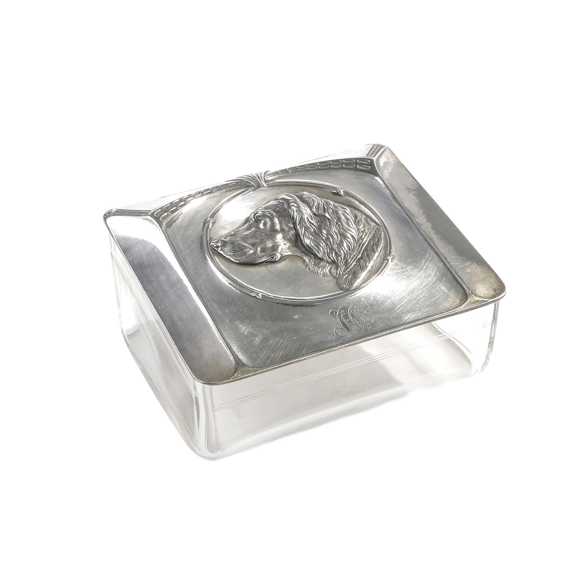 Kaseta gabinetowa Art Nouveau, kryształ transparentny, cyna platerowana, WMF, Niemcy, początek XX w.