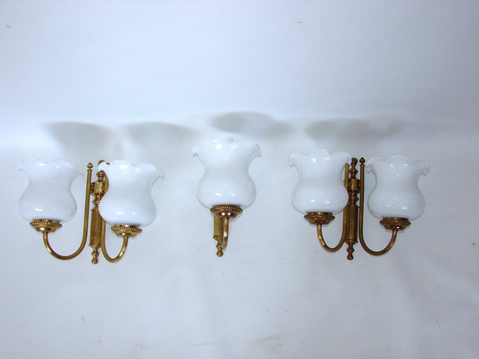 Set of wall sconces, Mid-century, golden brass, opaline glass, 1960s. - 51707