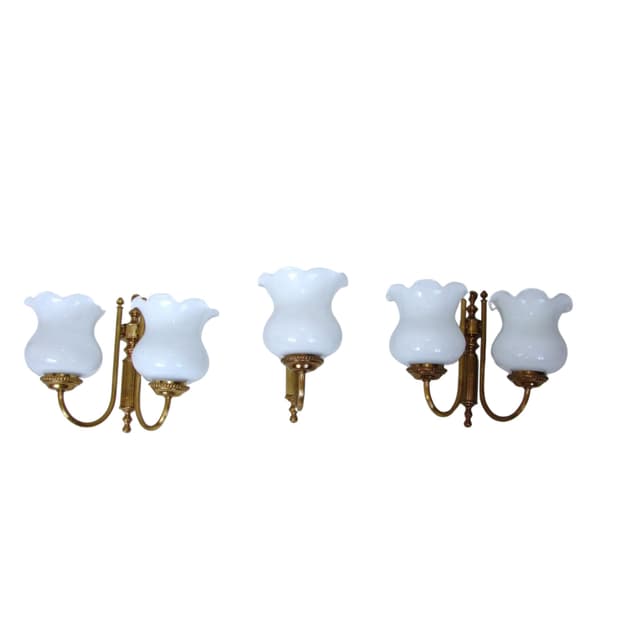 Set of wall sconces, Mid-century, golden brass, opaline glass, 1960s. - DIMENSION