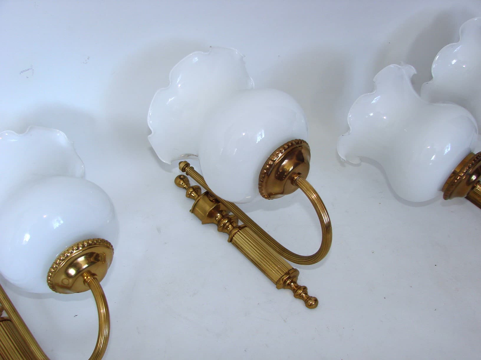 Set of wall sconces, Mid-century, golden brass, opaline glass, 1960s. - 51706
