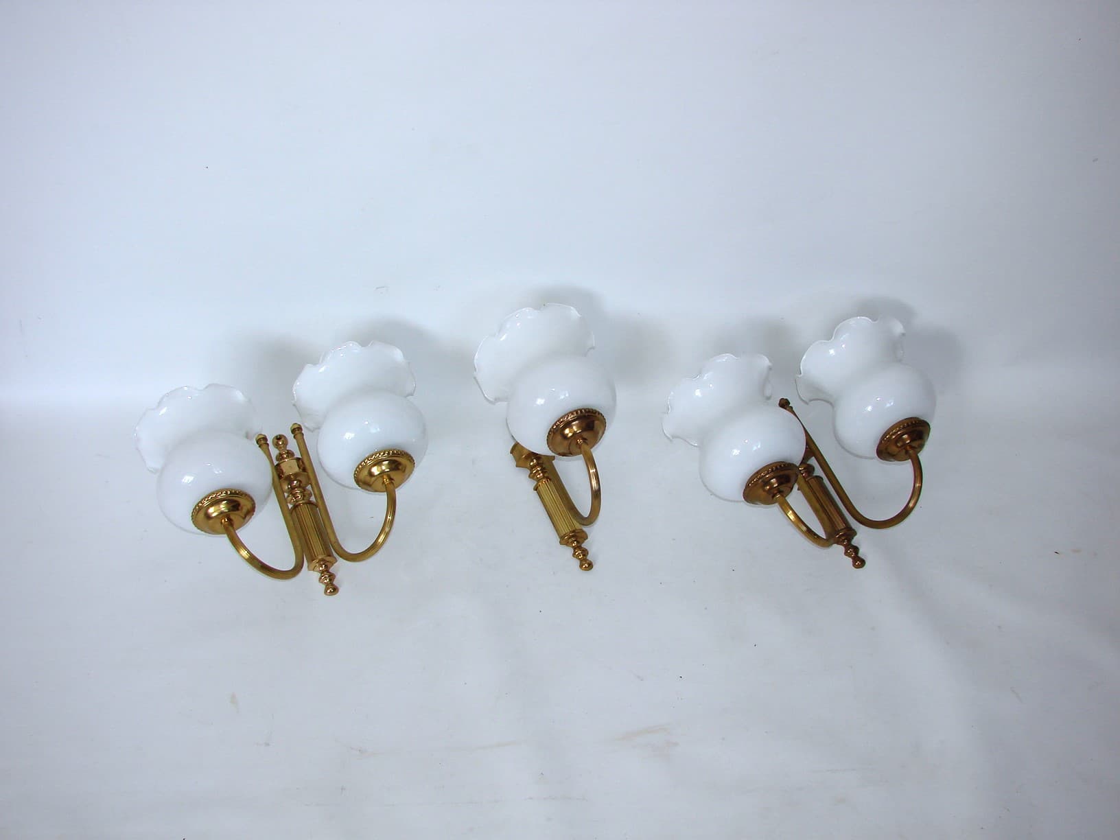 Set of wall sconces, Mid-century, golden brass, opaline glass, 1960s. - 51703