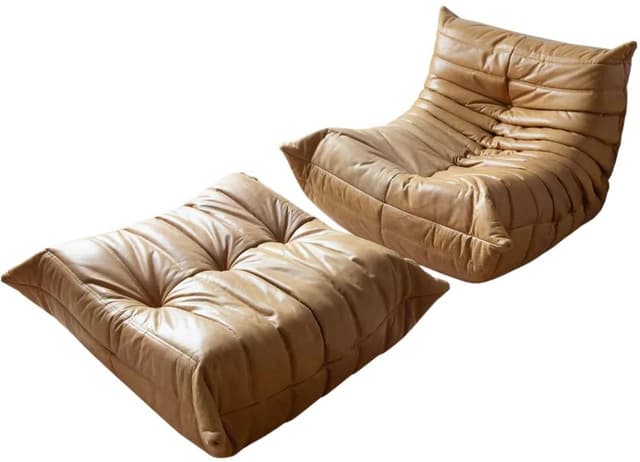 Fotel wypoczynkowy Togo z podnóżkiem, skóra brązowa camel - WYMIARY