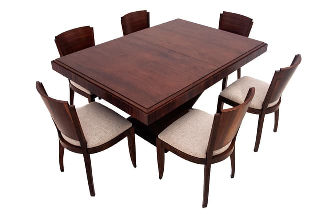 Orzechowy rozkładany stół z 6 krzesłami, proj. L. Majorelle, Francja, lata 60. - WYMIARY