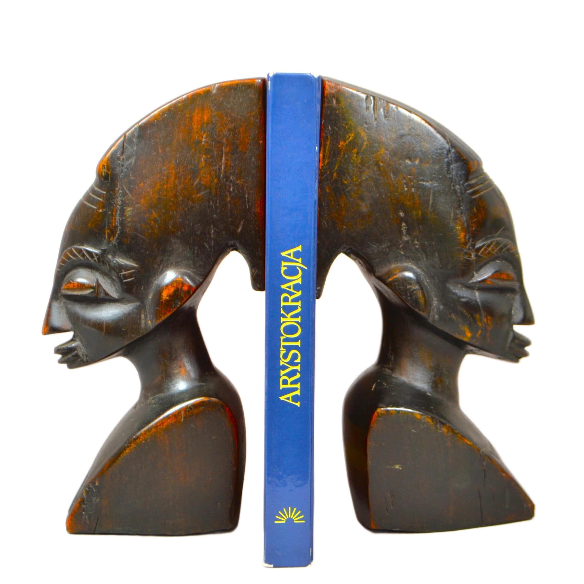 Para podpórek do książek Afrykanki, drewno brąz ciemny, Belgia, lata 80.