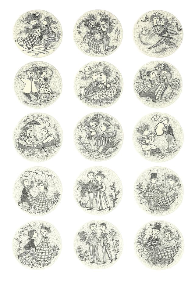 Komplet plakiet ceramicznych, biały, ceramika, proj. B. Wiinblad, Nymolle, Norwegia, lata 70. - WYMIARY