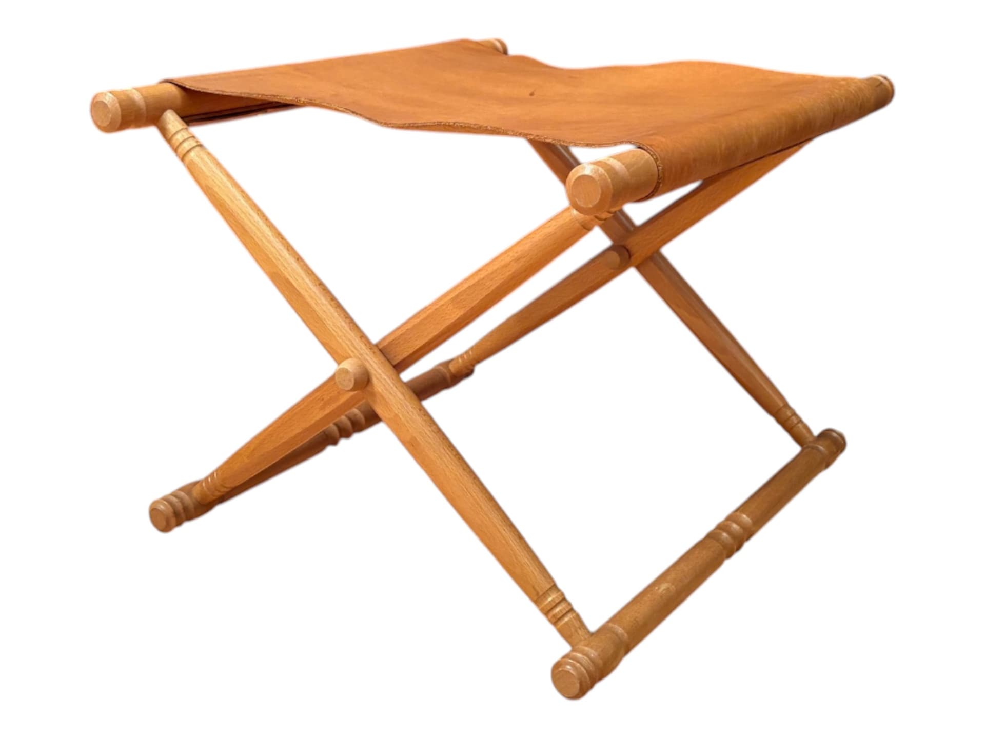 Stołek składany safari, skóra brązowa, buk, lata 80.