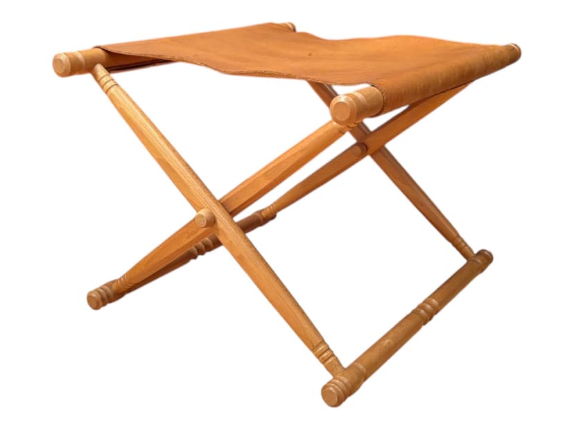 Stołek składany safari, skóra brązowa, buk, lata 80.