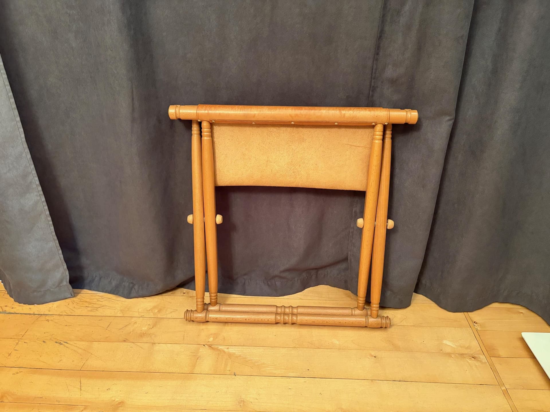 Stołek składany safari, skóra brązowa, buk, lata 80. - 79731