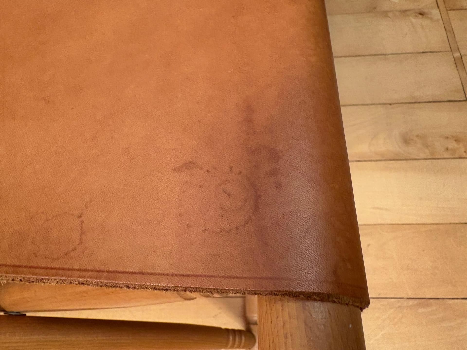 Stołek składany safari, skóra brązowa, buk, lata 80. - 79728