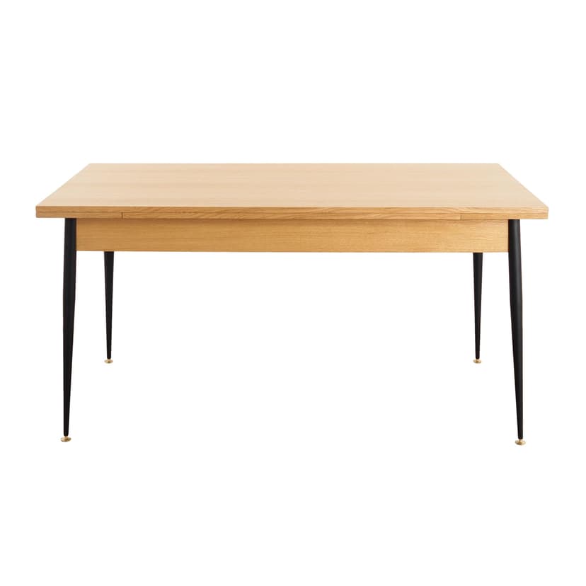 Extending dining table, light brown oak, black metal, brass, Italy, 1980s.
