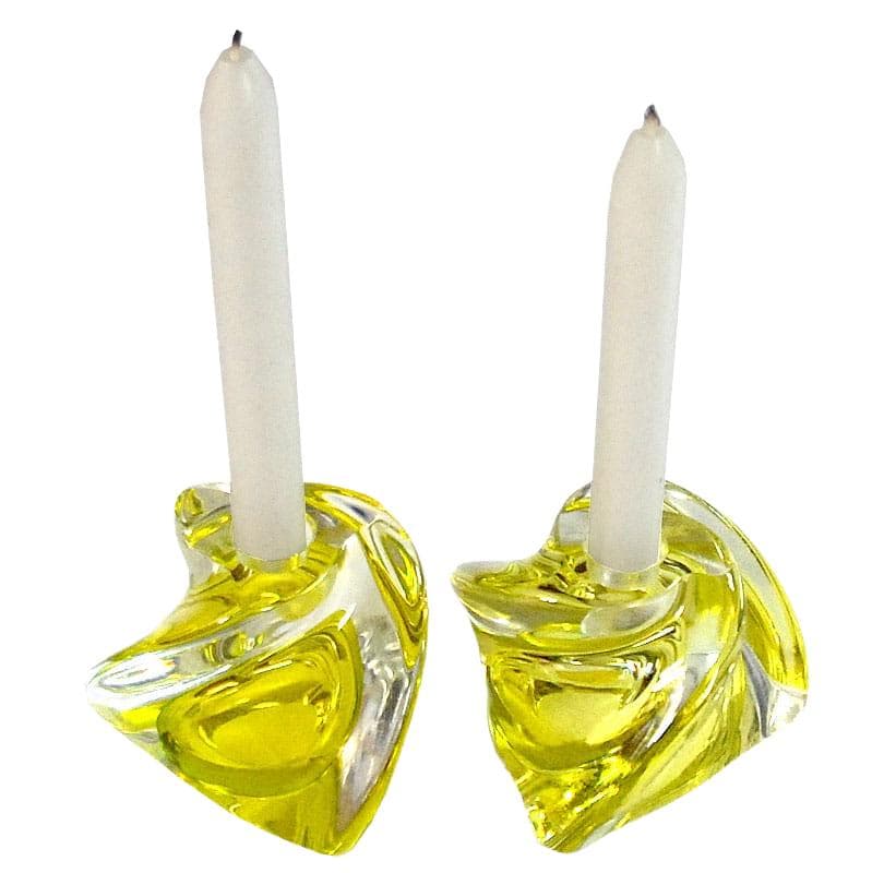 Cytrynowo-zielone świeczniki kryształowe, Val St Lambert, Belgia, lata 60.
