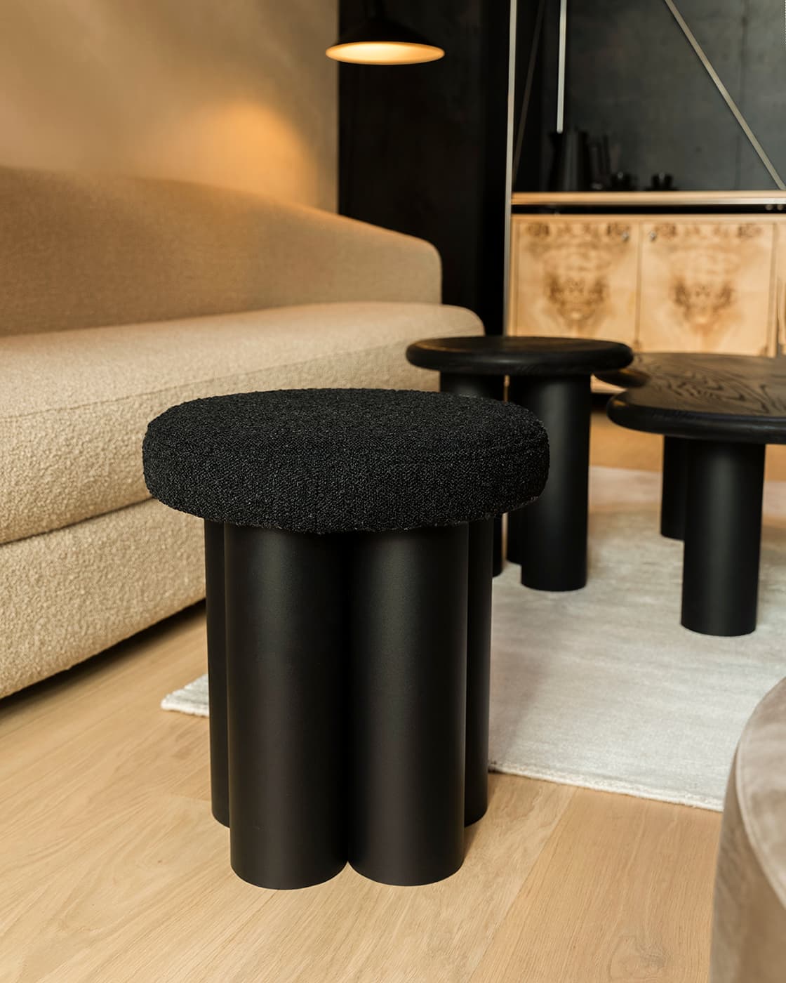 Stool Ø38x45 cm black boucle, no designer, no brand - 62205