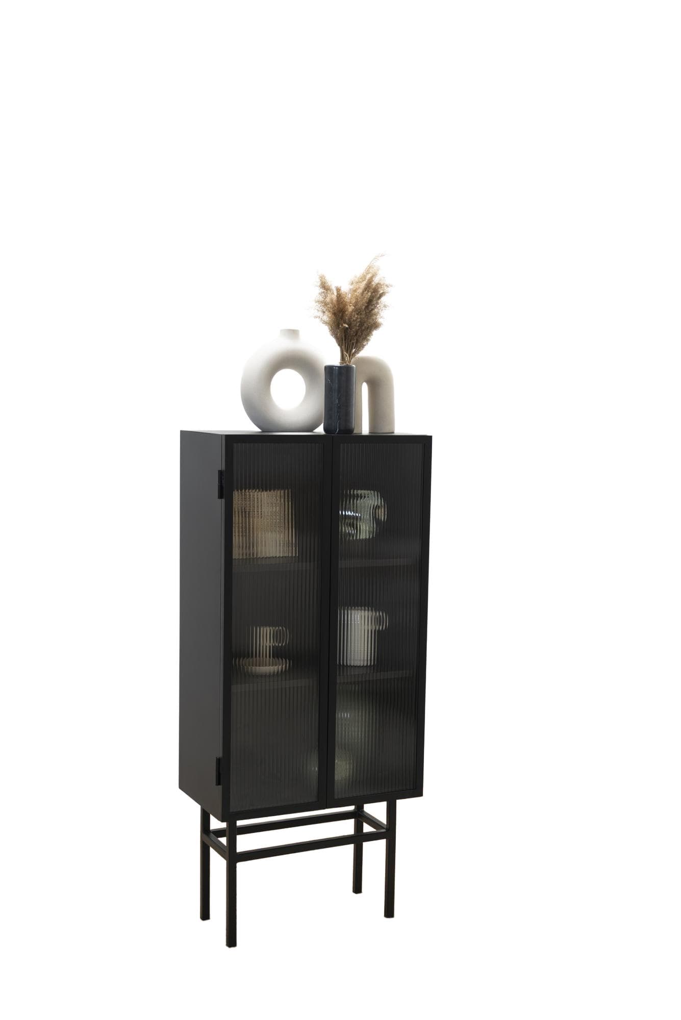 Cabinet display unit powder-coated steel, ribbed glass 65x34x149 cm black, no designer, no brand - 61110