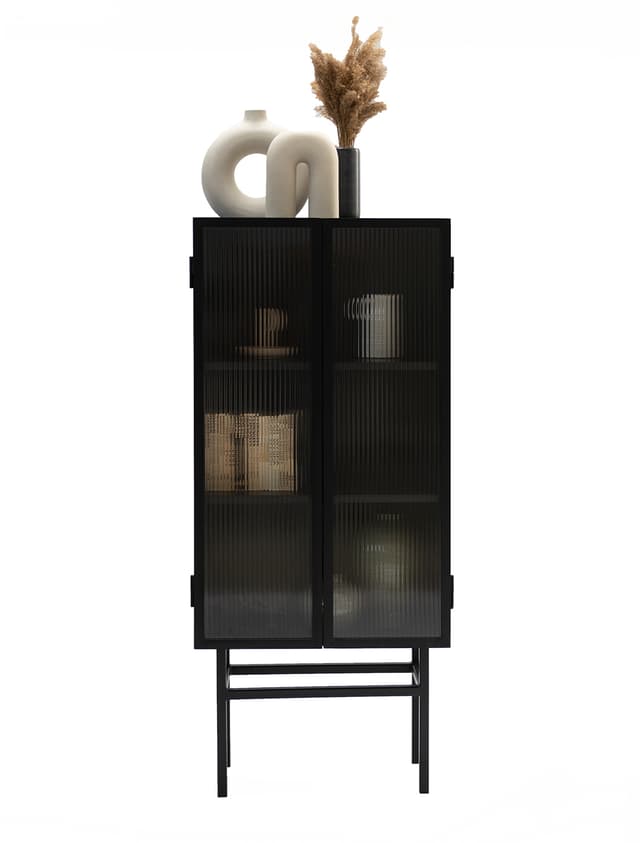 Cabinet display unit powder-coated steel, ribbed glass 65x34x149 cm black, no designer, no brand - DIMENSION
