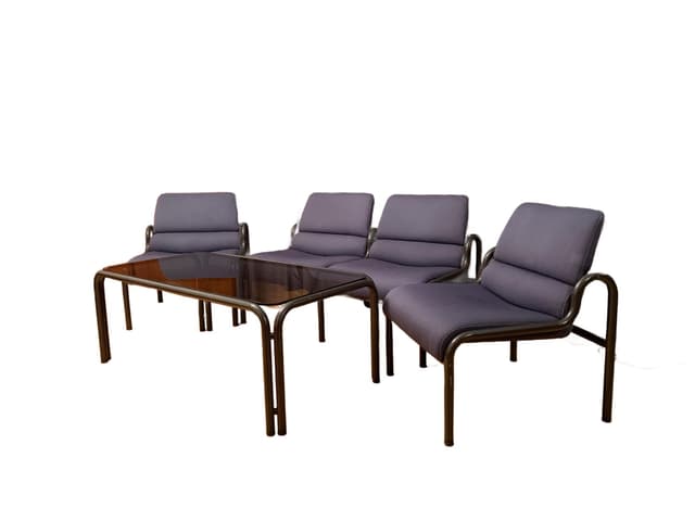 Zestaw wypoczynkowy G30, sofa, 2 fotele i stolik kawowy, welur fioletowy, metal ciemnobrązowy, proj. M. Stoll, Niemcy, lata 80. - WYMIARY