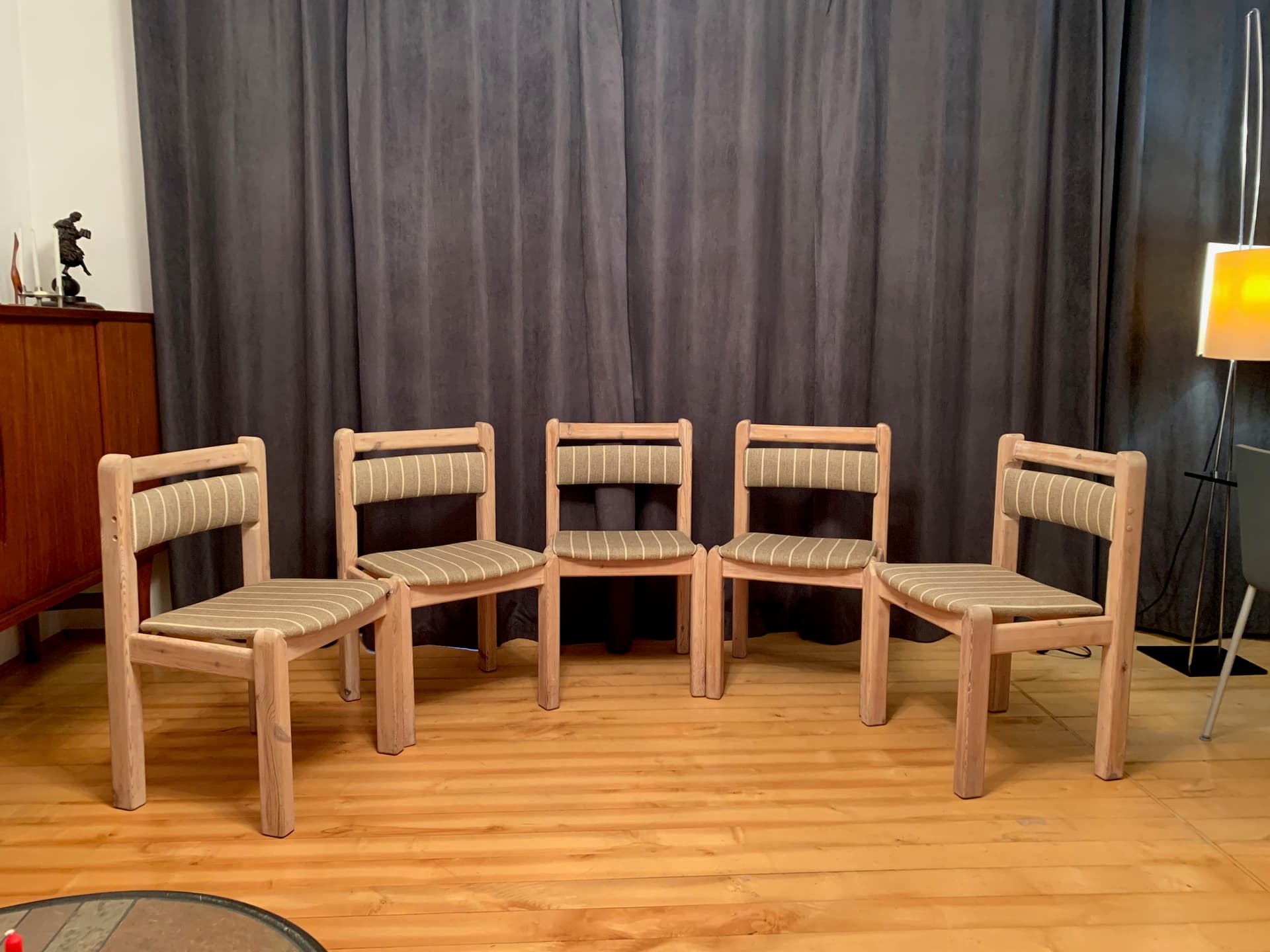 Zestaw pięciu krzeseł, oliwkowy, wełna, sosna, Thorsø Stolefabrik, Dania, lata 70. - 59686