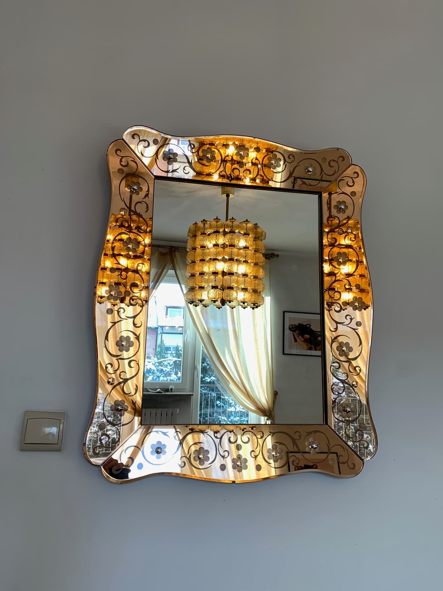 Lustro ścienne, Cristal Arte, szkło złote, styl Pietro Chiesa, Włochy, lata 50. - 59722