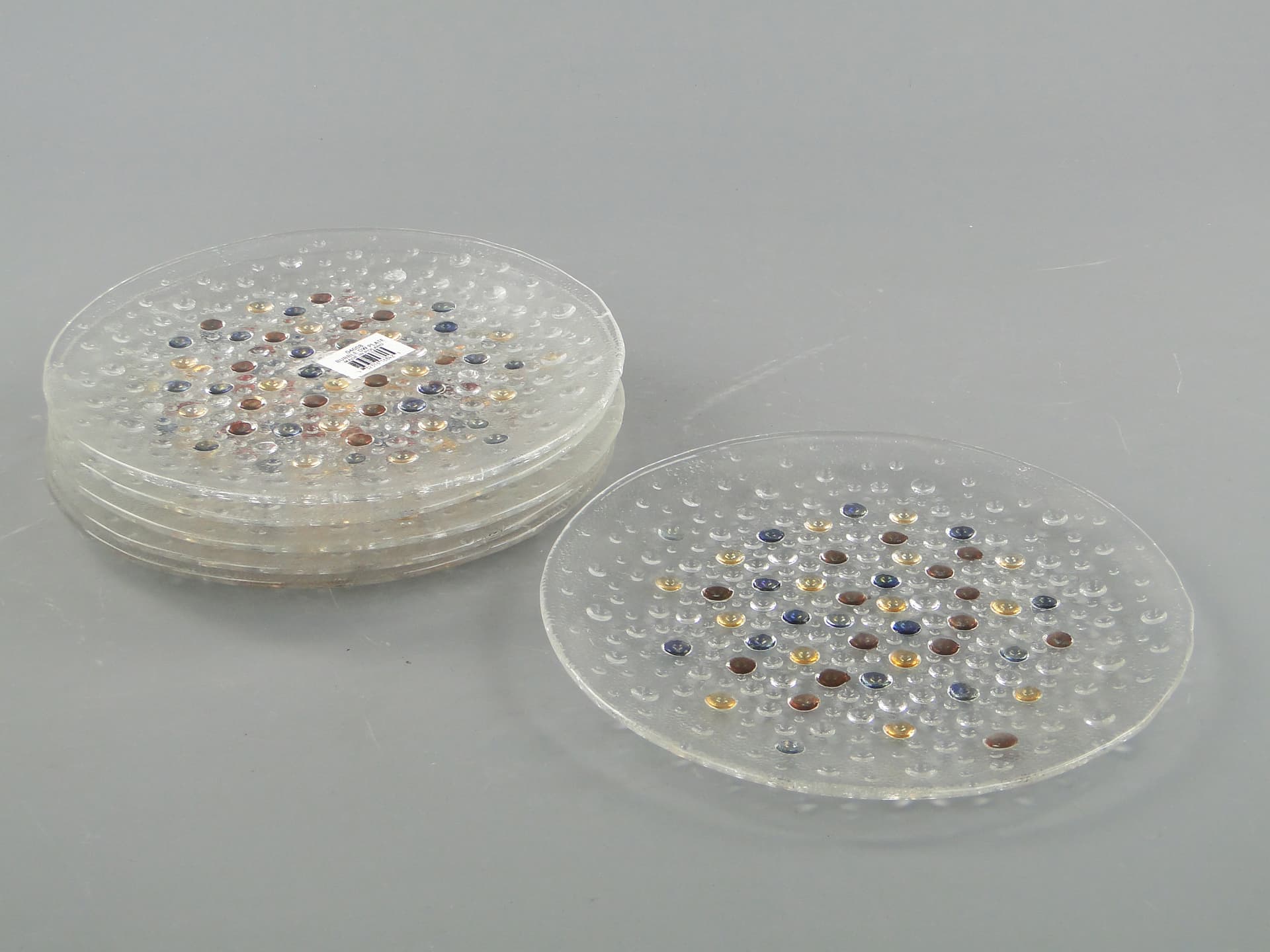 Set of dessert plates Krople rosy, multicolor glass, by J. Drost, Ząbkowice, Poland, 1980s. - 59814