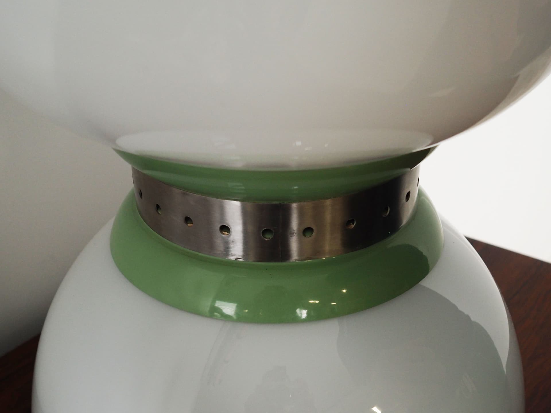 Desk lamp Space Age, white glass, green metal, chrome metal, Italy, 1970s. - 59849