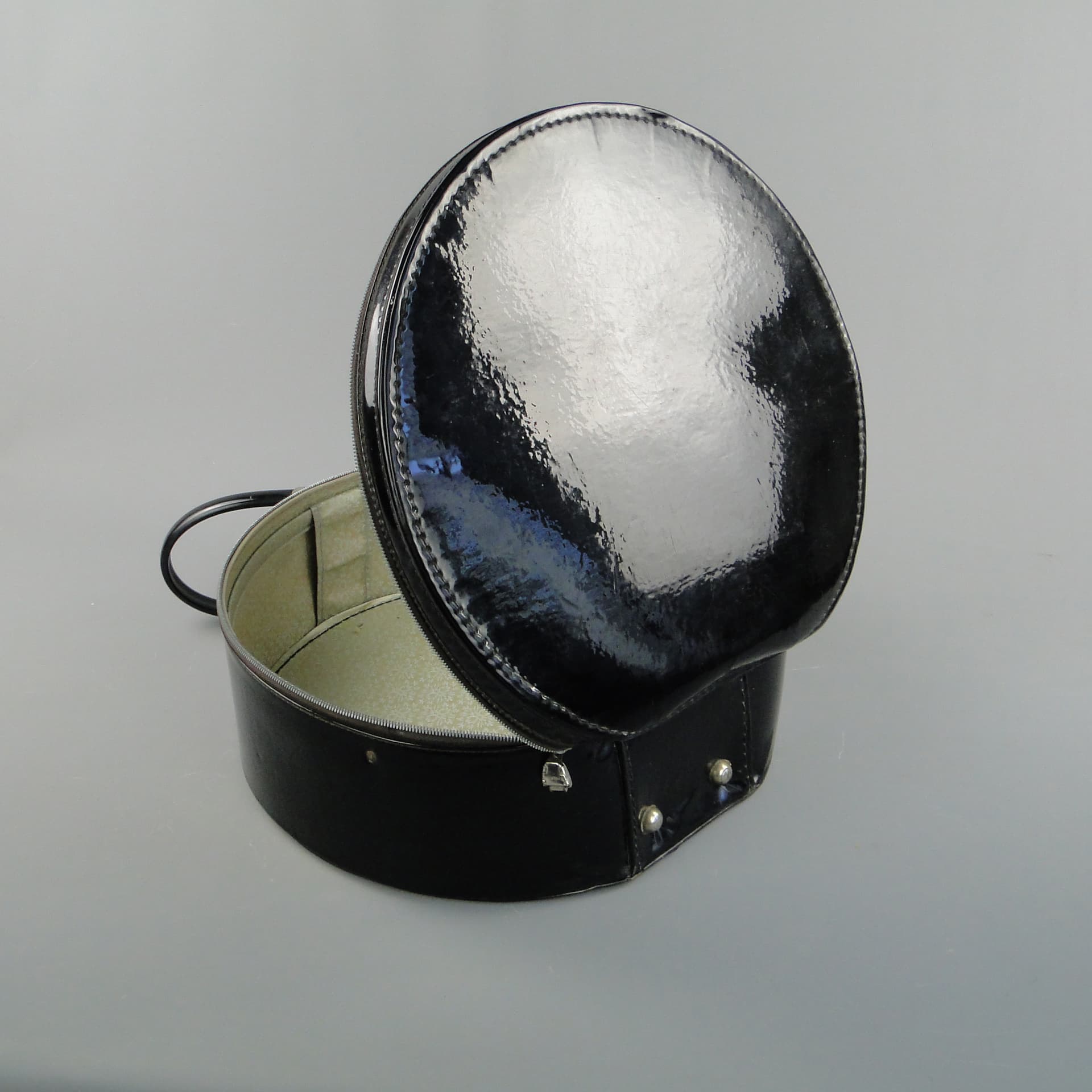 Hatbox, black, artificial leather, metal, France, 1950s - 60206