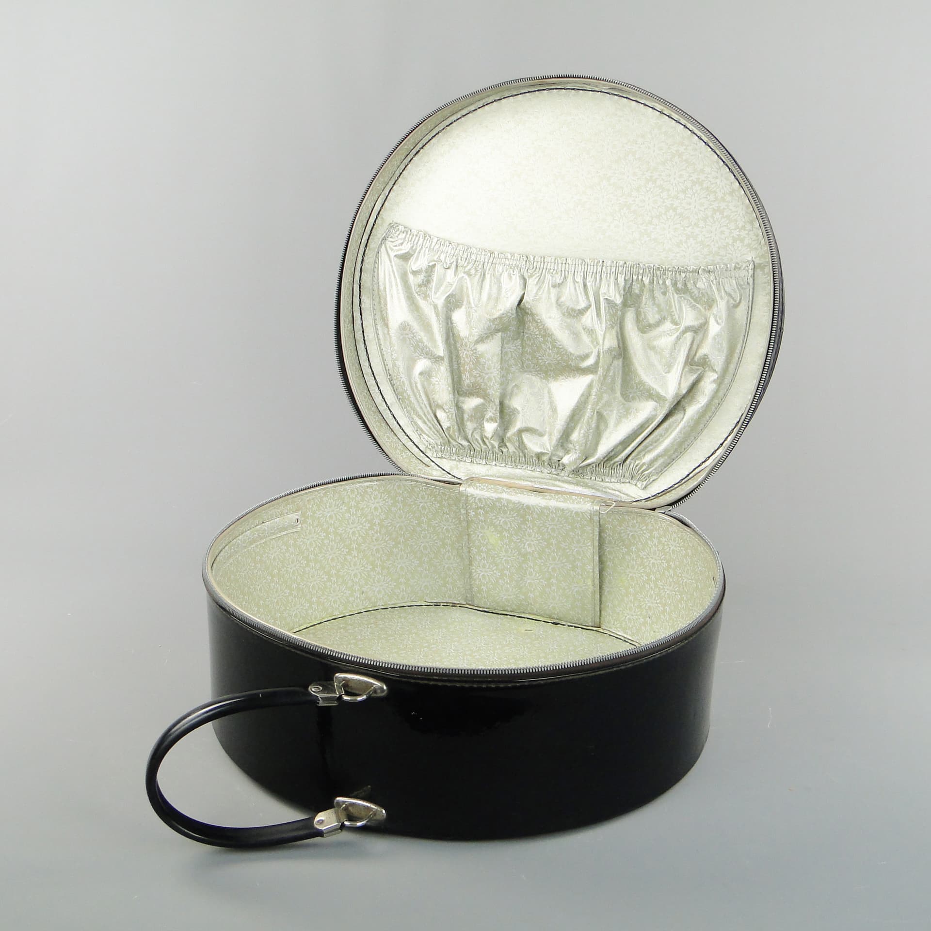 Hatbox, black, artificial leather, metal, France, 1950s - 60204
