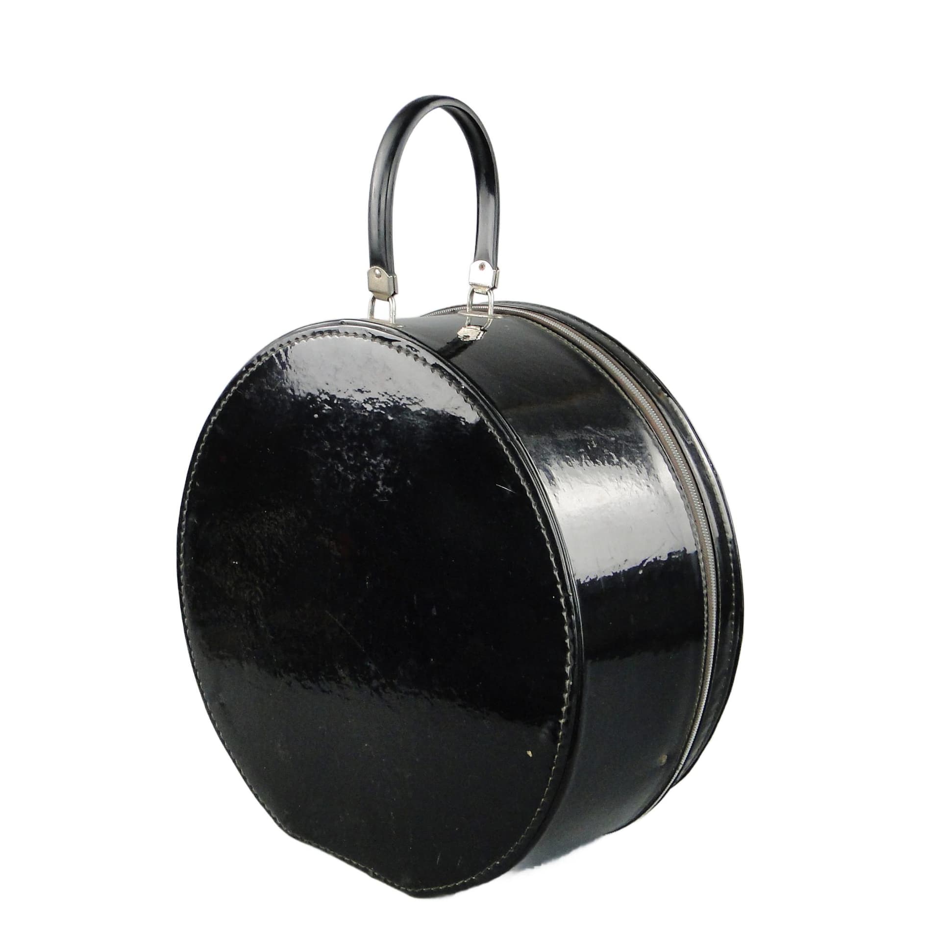 Hatbox, black, artificial leather, metal, France, 1950s