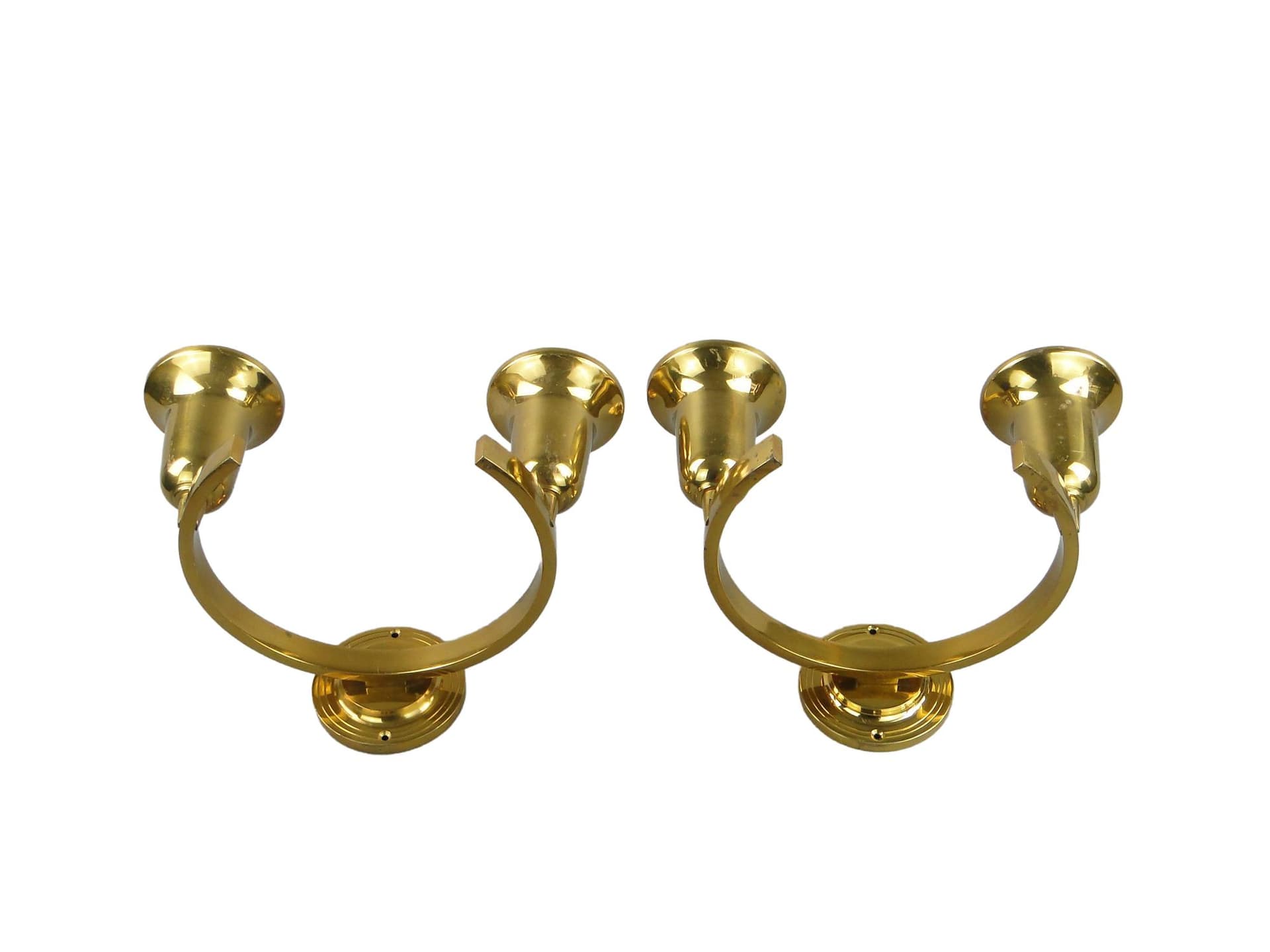 Pair of wall sconces Art Deco, golden brass, Poland, 1950s.