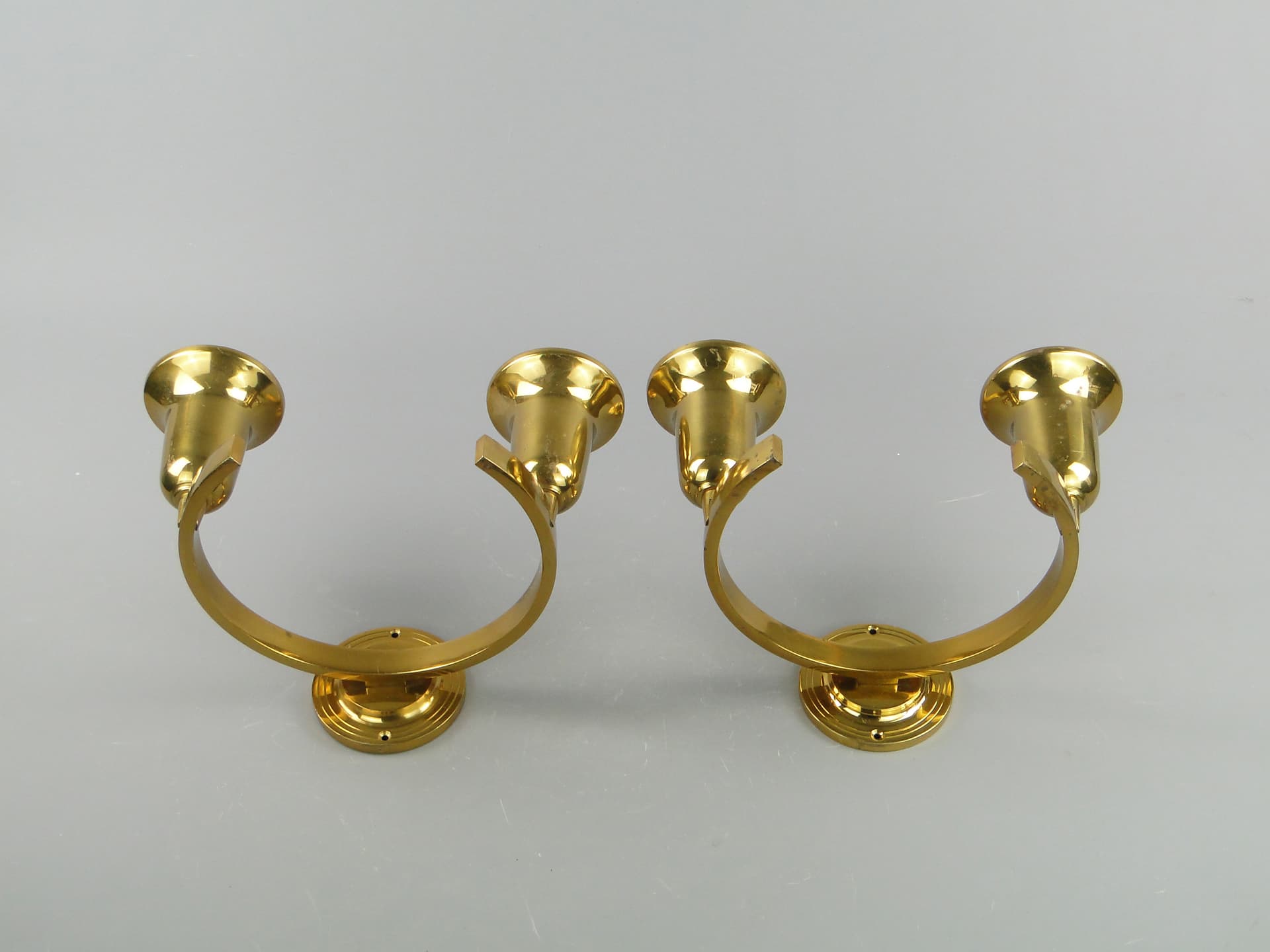 Pair of wall sconces Art Deco, golden brass, Poland, 1950s. - 60336
