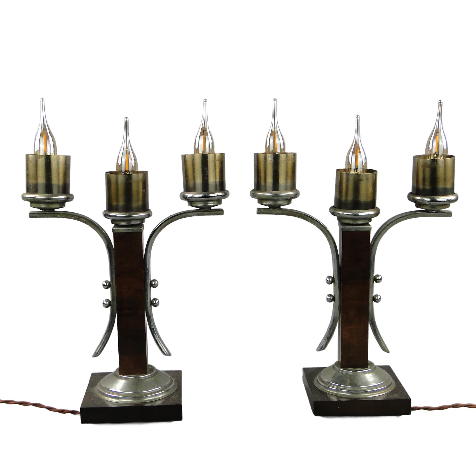 Para lamp stołowych Art déco, orzech brązowy ciemny, mosiądz niklowany, Belgia, lata 30.