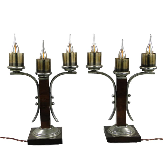 Para lamp stołowych Art déco, orzech brązowy ciemny, mosiądz niklowany, Belgia, lata 30. - WYMIARY