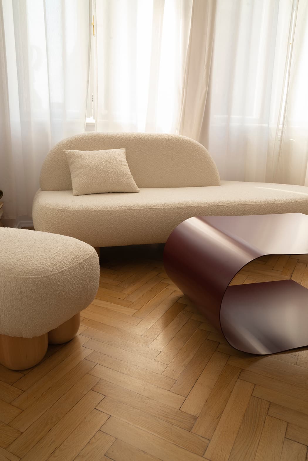 Boucle sofa 216x90x78 cm beige with oak legs, , - 61754