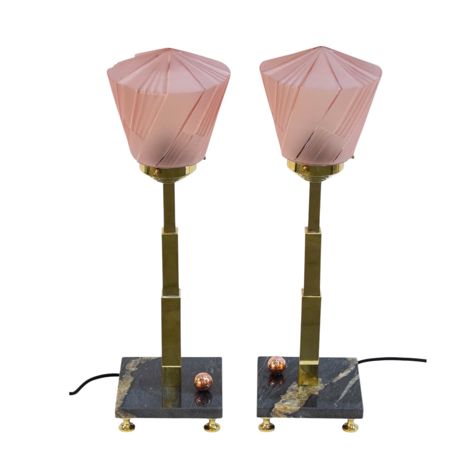 Lampa stołowa Art Deco, różowy klosz, szkło, marmur, wczesny XX w. - 89455