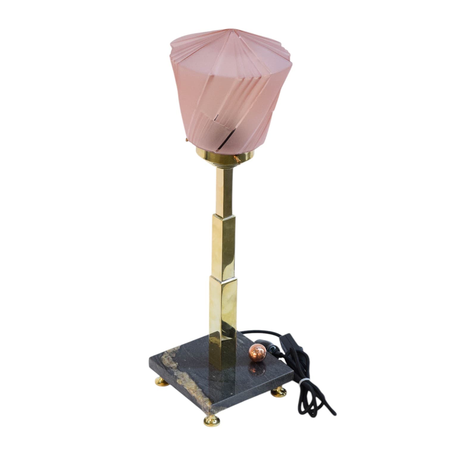 Lampa stołowa Art Deco, różowy klosz, szkło, marmur, wczesny XX w. - 89456