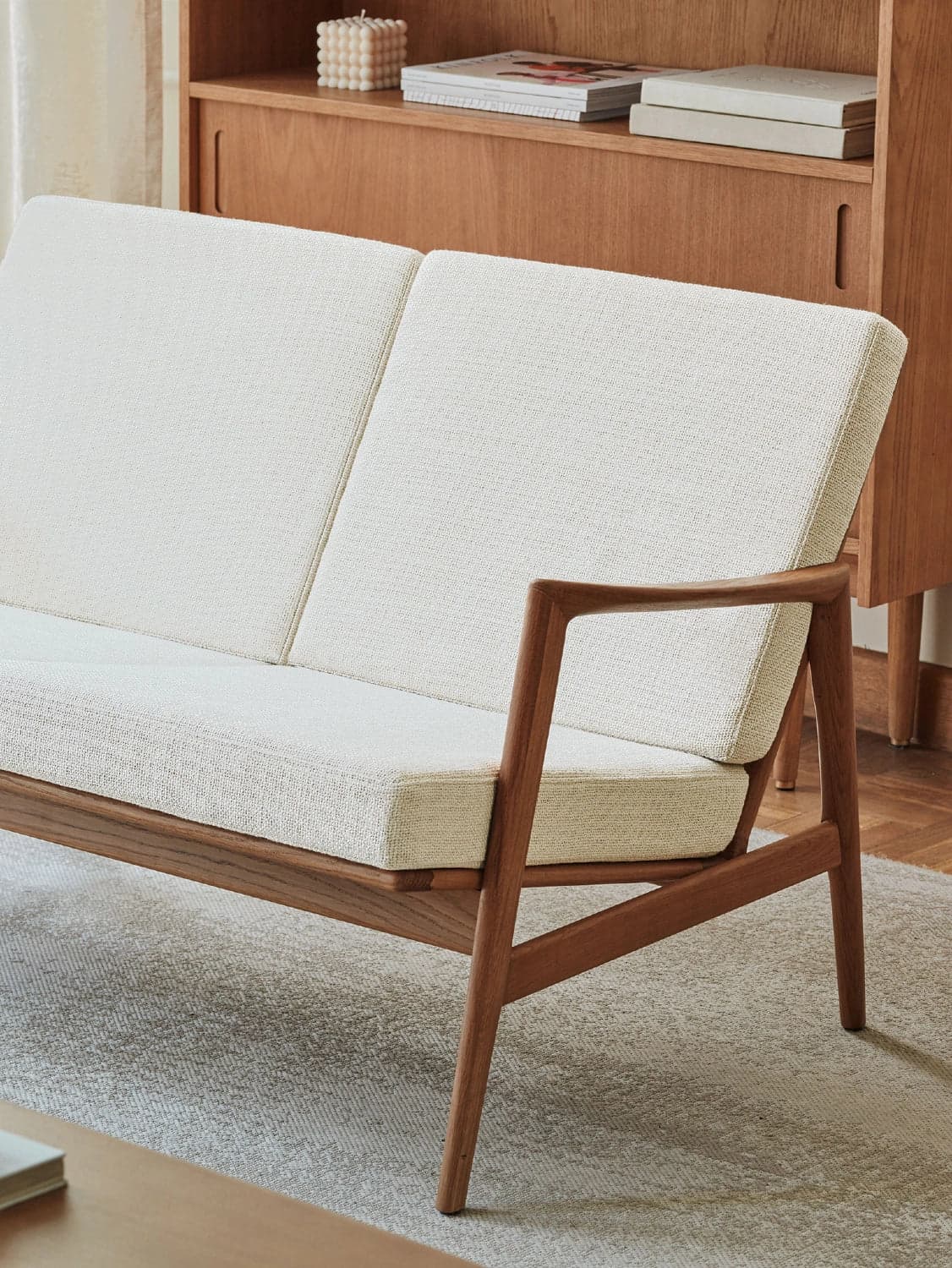 Stefan two-seater sofa 126x80x75 cm olive boucle fabric, oak, no designer - 64784