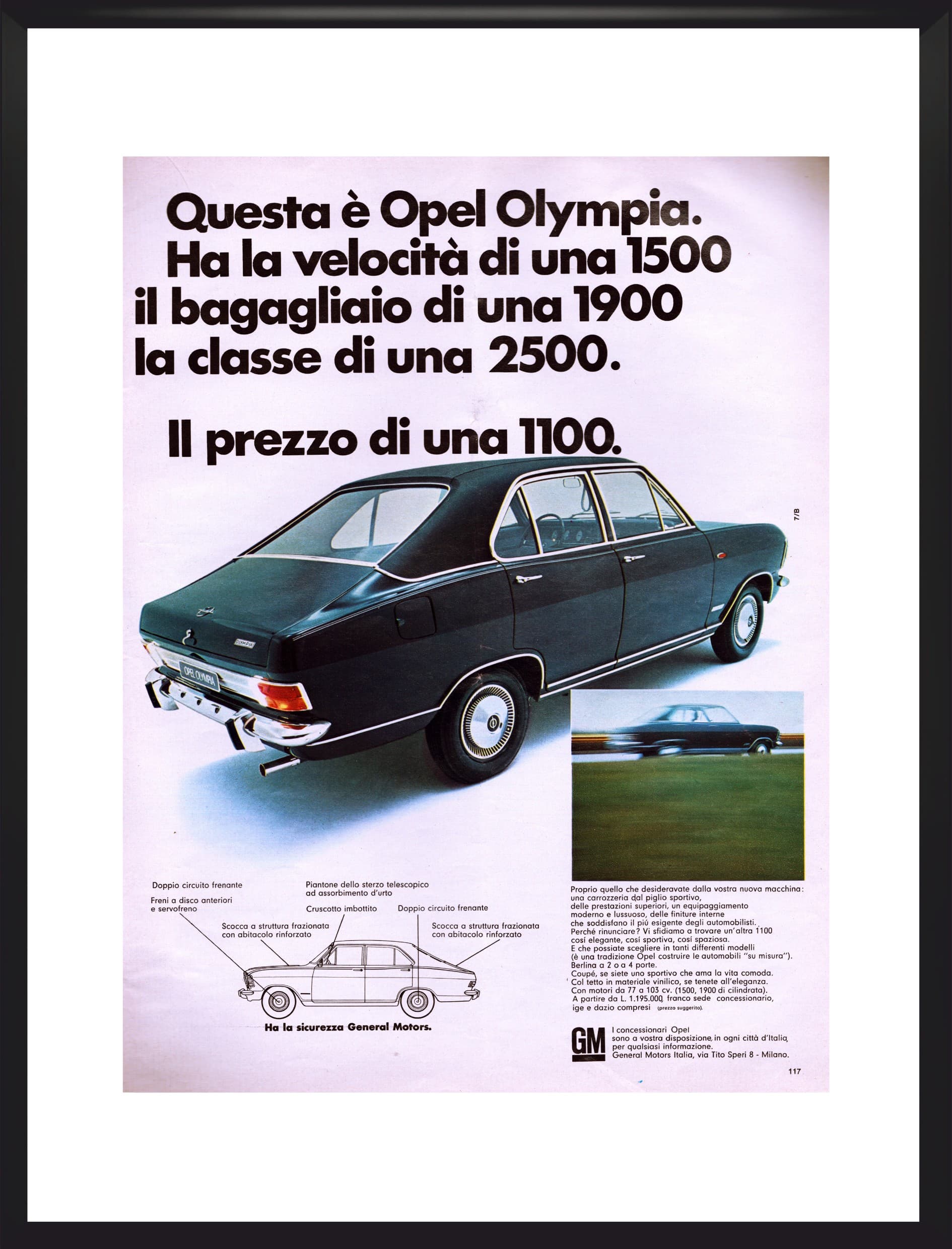 Advertising poster Opel Olympia 30x40 cm, black glass, Italy, 1960s.