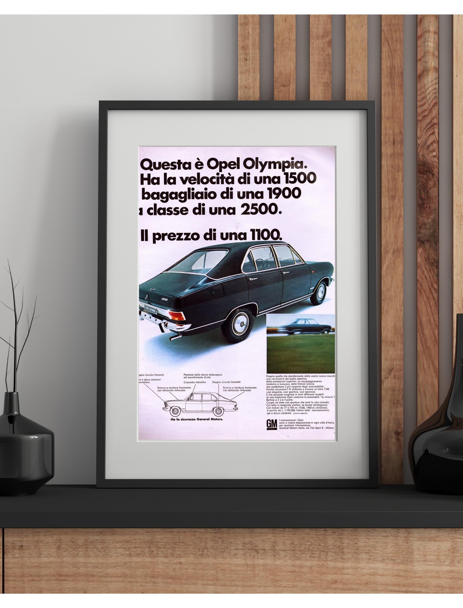 Advertising poster Opel Olympia 30x40 cm, black glass, Italy, 1960s. - 65815