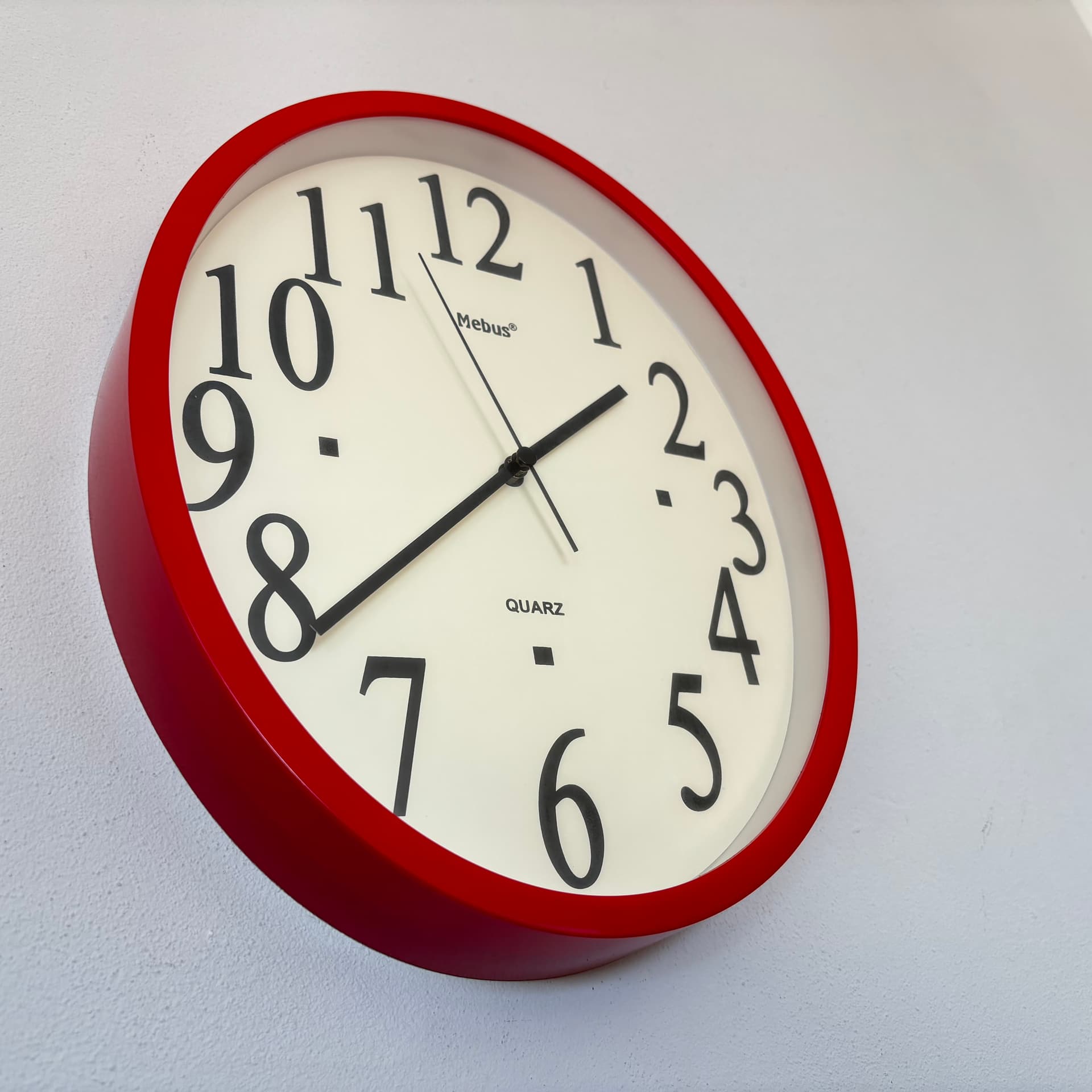 Zegar ścienny, czerwony, tworzywo sztuczne, pleksi, Niemcy, lata 90. - 65844