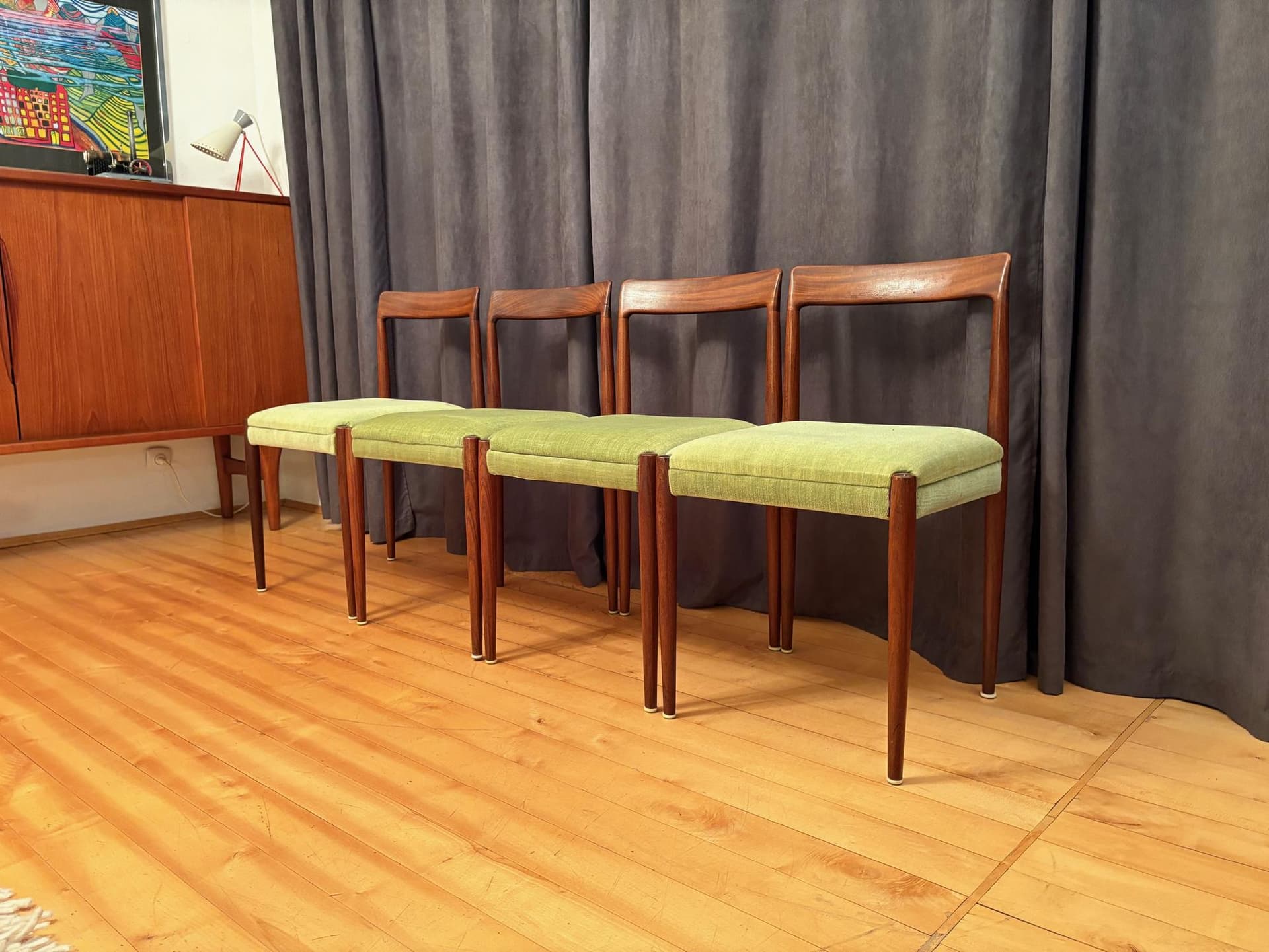 Zestaw czterech krzeseł Lübke, drewno tekowe, zielony, Niemcy, lata 60. - 79559