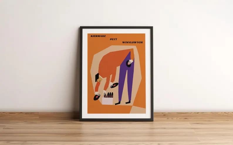 Plakat Kiermasz płyt winylowych - człowiek z 4 rękami przegląda winyle, 50x70 cm, aut. J. Zasada, Jakub Zasada - 67579