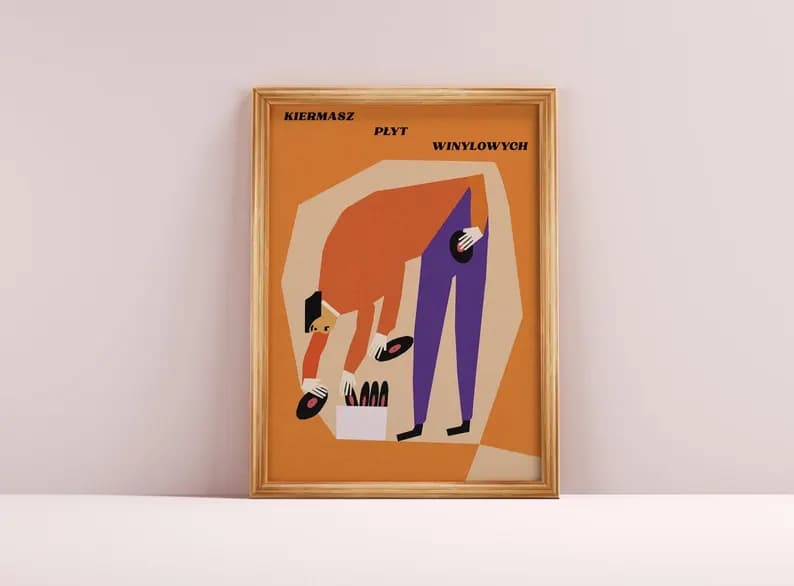 Plakat Kiermasz płyt winylowych - człowiek z 4 rękami przegląda winyle, 50x70 cm, aut. J. Zasada, Jakub Zasada - 67581