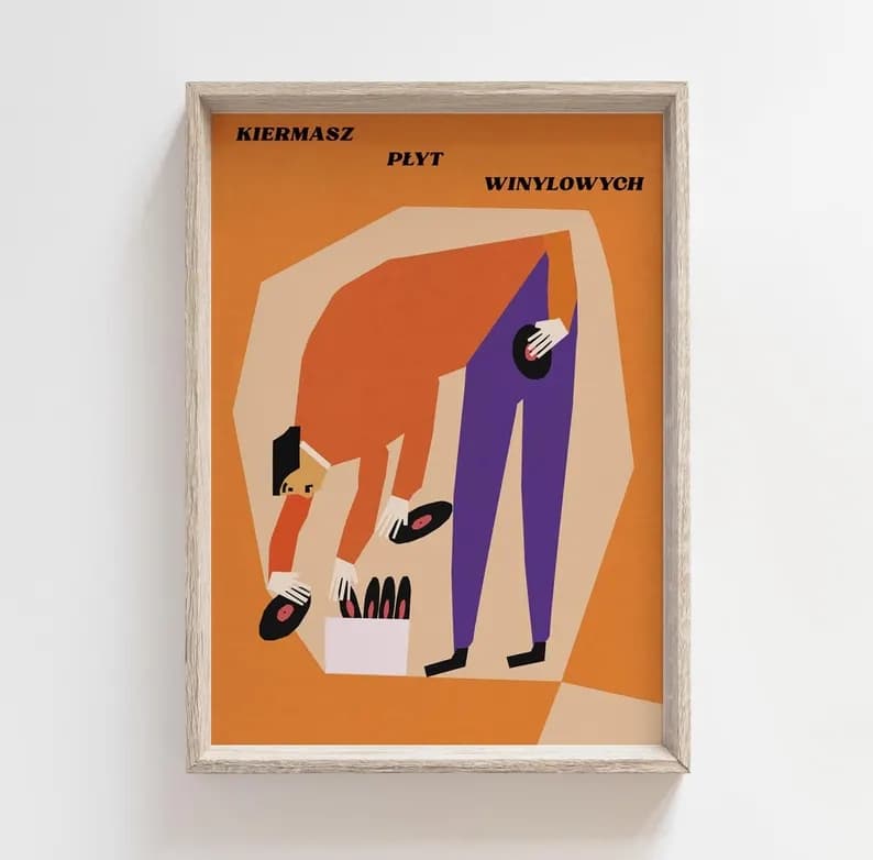 Plakat Kiermasz płyt winylowych - człowiek z 4 rękami przegląda winyle, 50x70 cm, aut. J. Zasada, Jakub Zasada - 67578